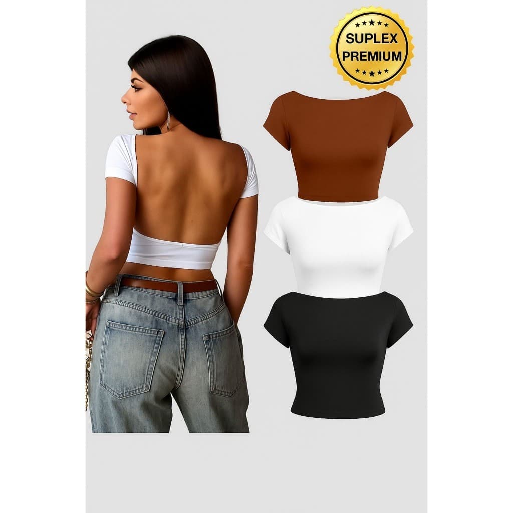 Kit 3 Cropped Baby Tee Costa Nua Suplex Feminina Ombro Ombro Manga Curta Baby Tee Liso Casual Básico