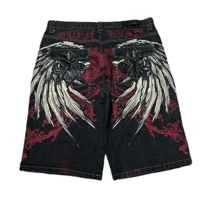 Y2K Shorts Baggy Mens Nova Asa Bordada Denim Shorts Harajuku Hip Hop Gótico Do Punk Gótico Calças Perna Larga Street Wea