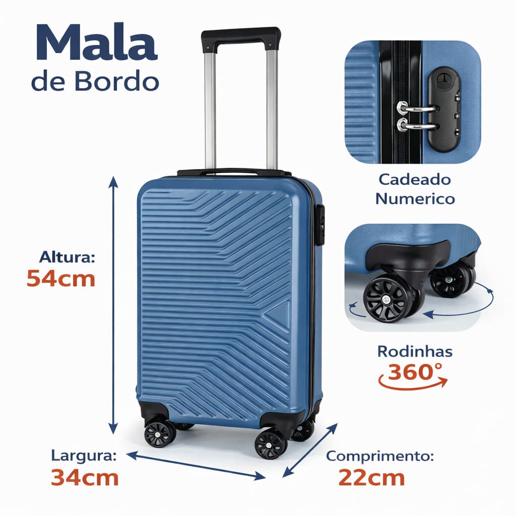 Mala de Viagem Bordo 10kg Fibra ABS Rodinhas 360° e Cadeado ANAC 20”