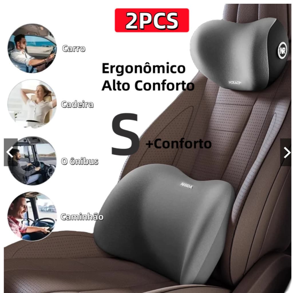 Conjunto De Almofada Para Cabeça E Lombar Veicular Apoio Cadeira Banco Carro Espuma De Memória