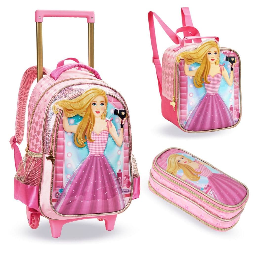 Kit Mochila Rodinha Princesa Estojo Lancheira Infantil Escolar Barbie Rapunzel Denlex