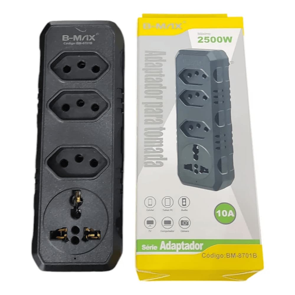 Adaptador p/ tomada 3X SAIDAS 1x Internacional 10A Bivolt BM-8701B B-MAX