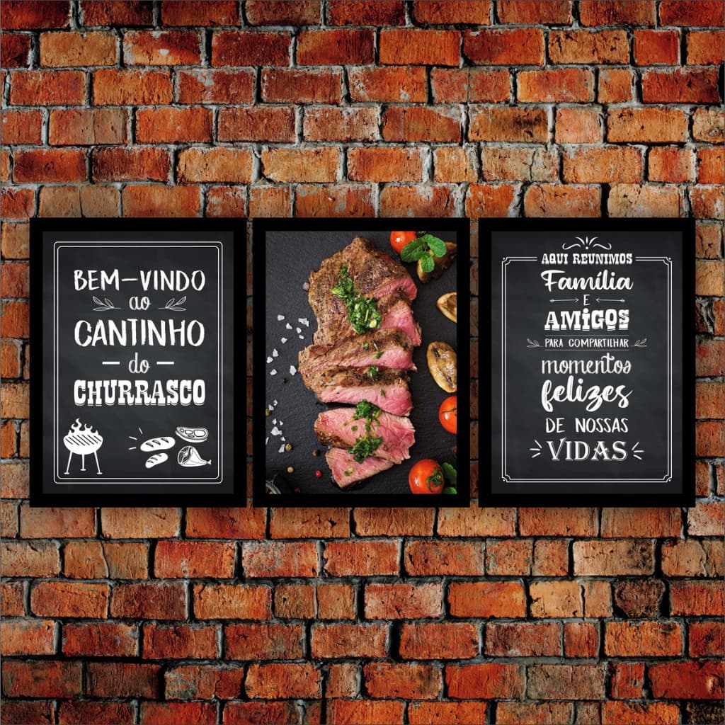KIT 3 QUADROS DECORATIVOS MODERNOS ELEGANTES CHURRASCARIA DECORAÇÃO CANTINHO DO CHURRASCO 3 PEÇAS