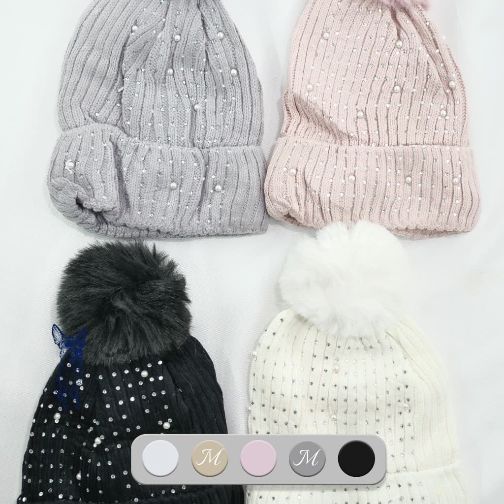 Touca Adulto Feminina Forrada Com Pompom Cores Variadas Pérola Outono Inverno com lantejoulas/3139