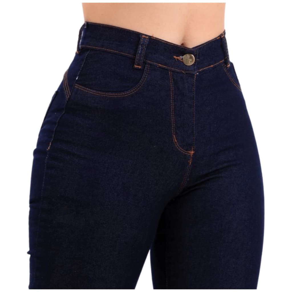 Calça Jeans Azul Escura Cintura Alta Ajuste Perfeito Estilo Casual 097