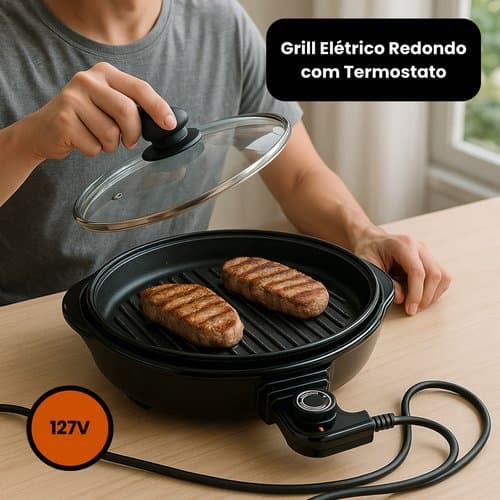 Grill Eletrico Redondo Termostato Ajustavel Alta Potencia Compacto Facil Limpeza 127V Preto