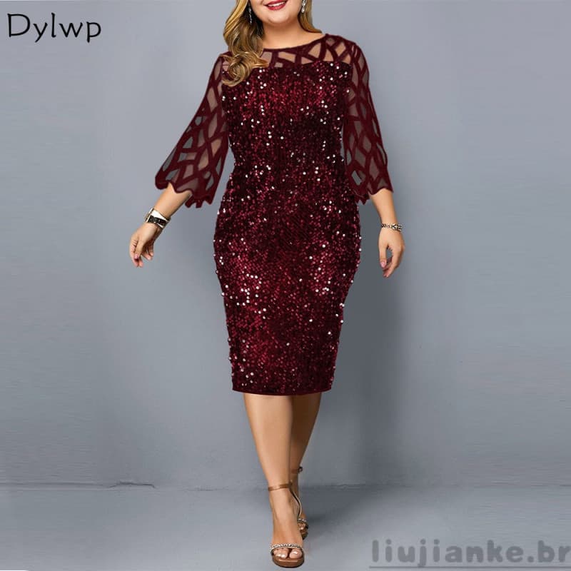 Vestido Feminino Plus Size P-5XG para Festa e Noite, Elegante, com Manga Longa de Malha e Lantejoulas, 2025 KUBS
