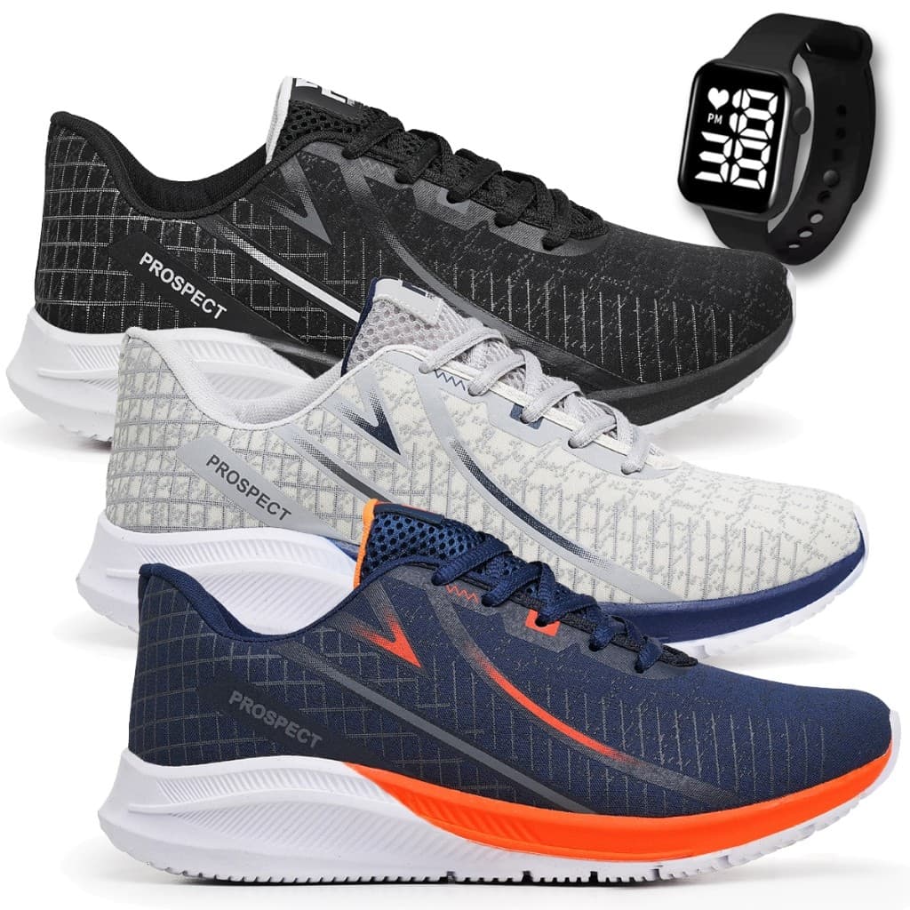 Kit 3 Tênis Masculino Prospect Spark Caminhada Academia Corrida + Relógio Led