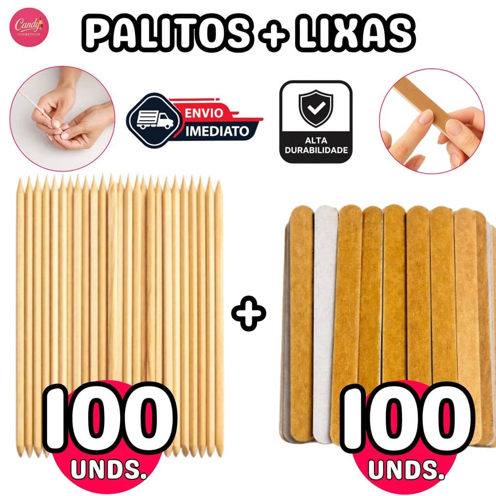 100 Palitos Manicure de Laranjeira + 100 Lixas Mini Parda Profissional