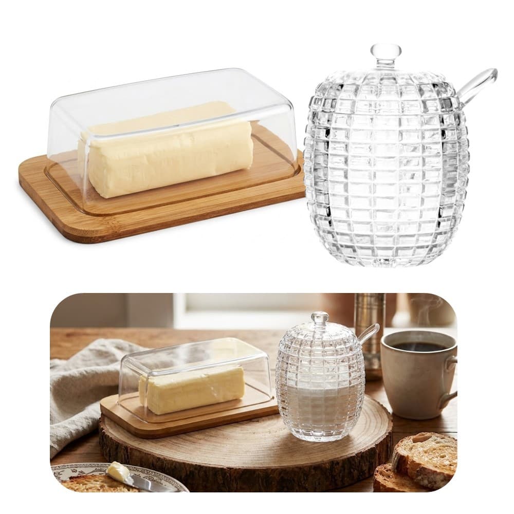 Kit Manteigueira de Bambu com Tampa de Acrílico e Açucareiro de Cristal Tress Lyor