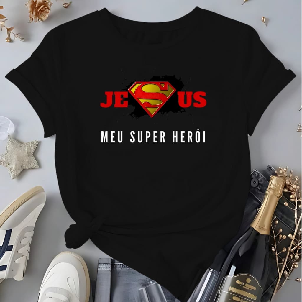 Camiseta Evangelica Jesus Meu Super Herói Escrita Cristã 100% Algodão Unissex