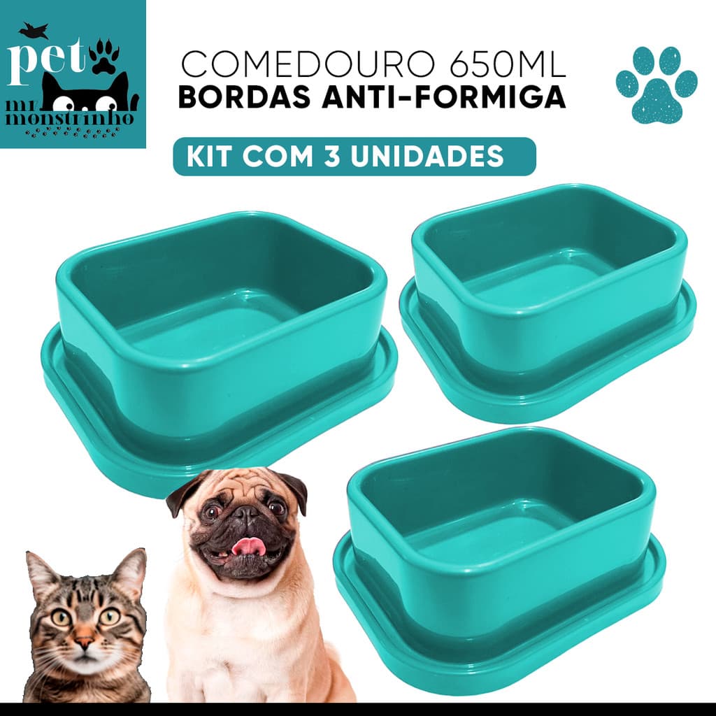 Kit 3un Comedouro Bebedouro Retangular com bordas Anti-formiga Verde Tiffany para Cachorro Gato Filhote - 650ml