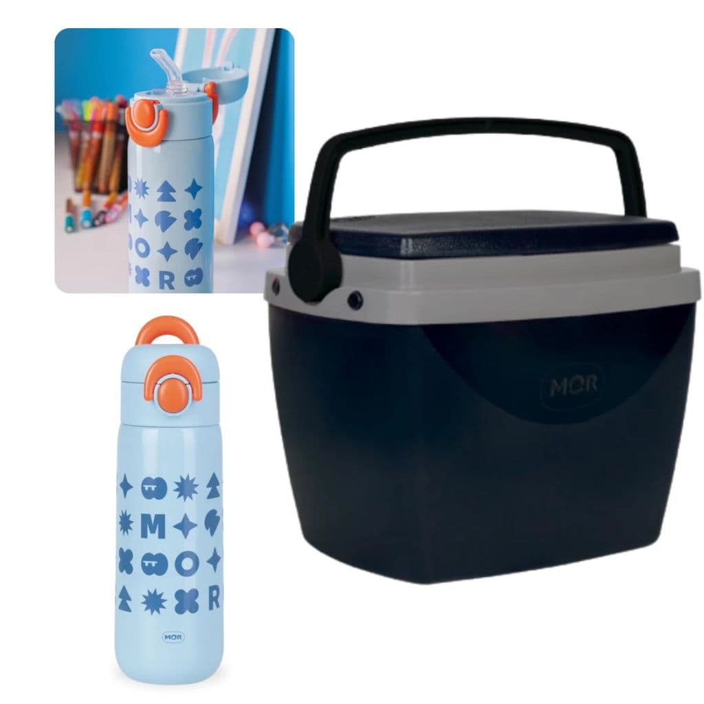 Kit Kids Garrafa Térmica Inox Azul 480ml + Caixa Térmica 6l Preta