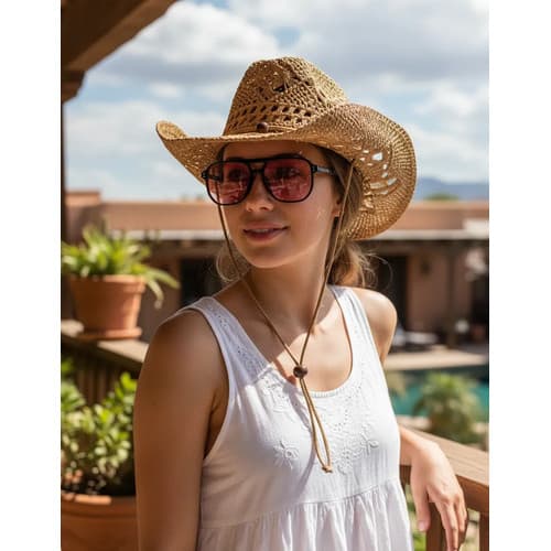 Kit Chapéu Country Palha Vazado E Óculos Feminino Vintage Kit Chapeu Caramelo/ 4 Oculos Tamanho Un