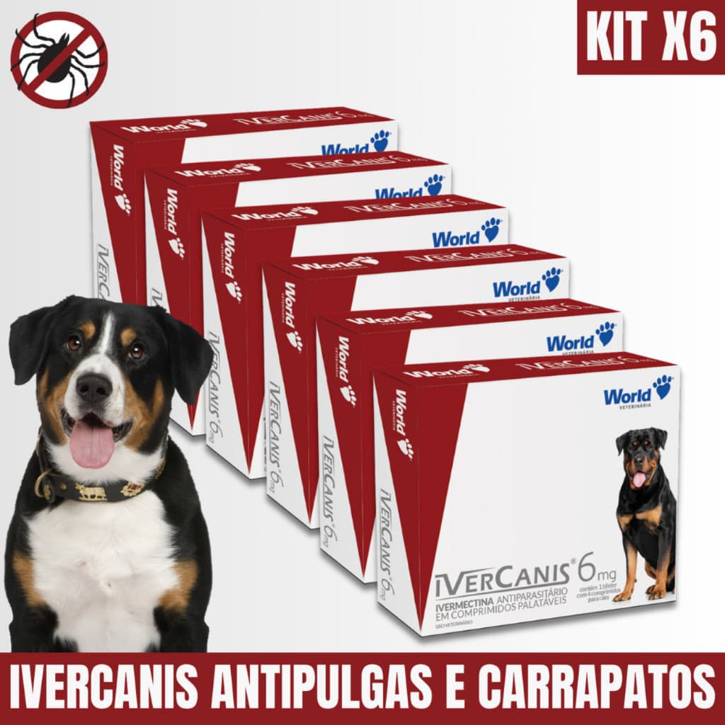 6 Ivercanis 6mg Display 12X04 Comprimidos Combate Pragas Carrapato Pulga Remédio Cães