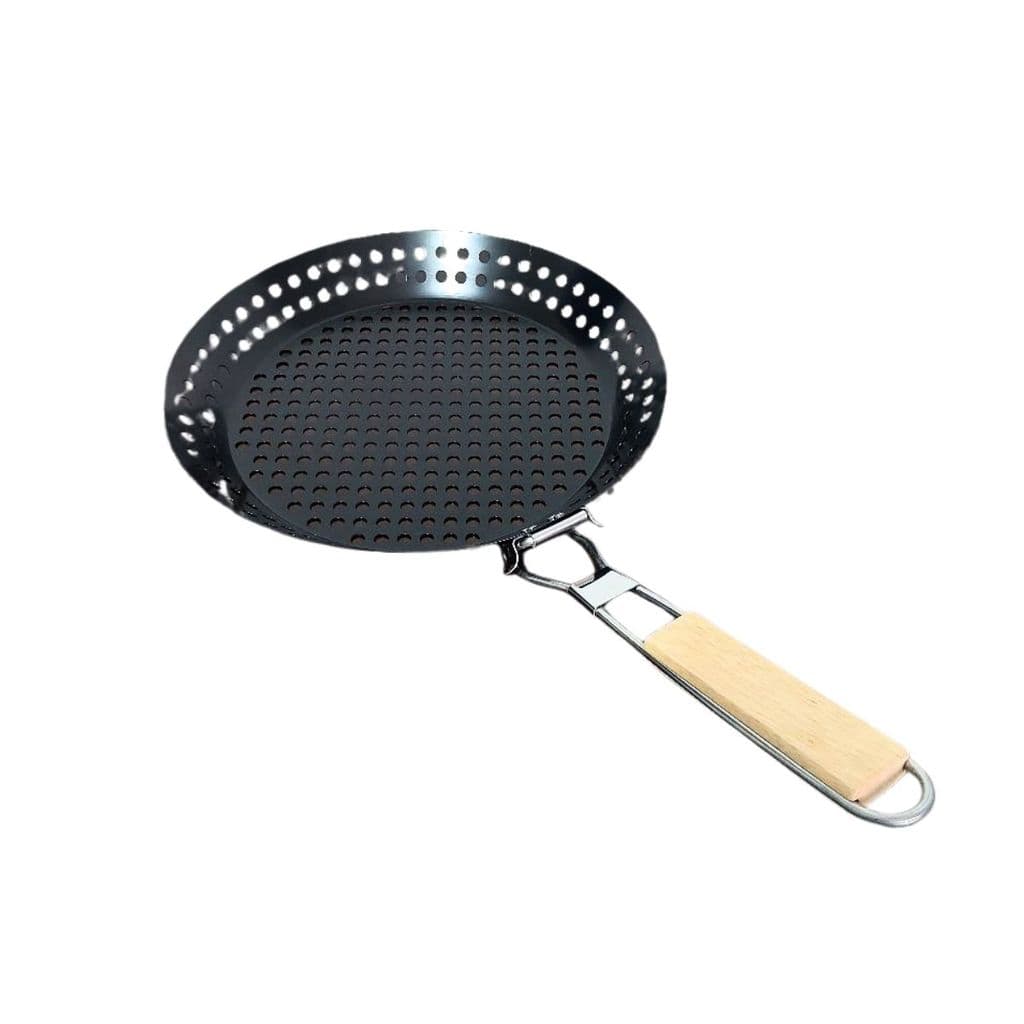 Grelha Redonda Perfurada 30cm Grill com Cabo Madeira Ideal Para Assar Carnes, Vegetais ou Legumes