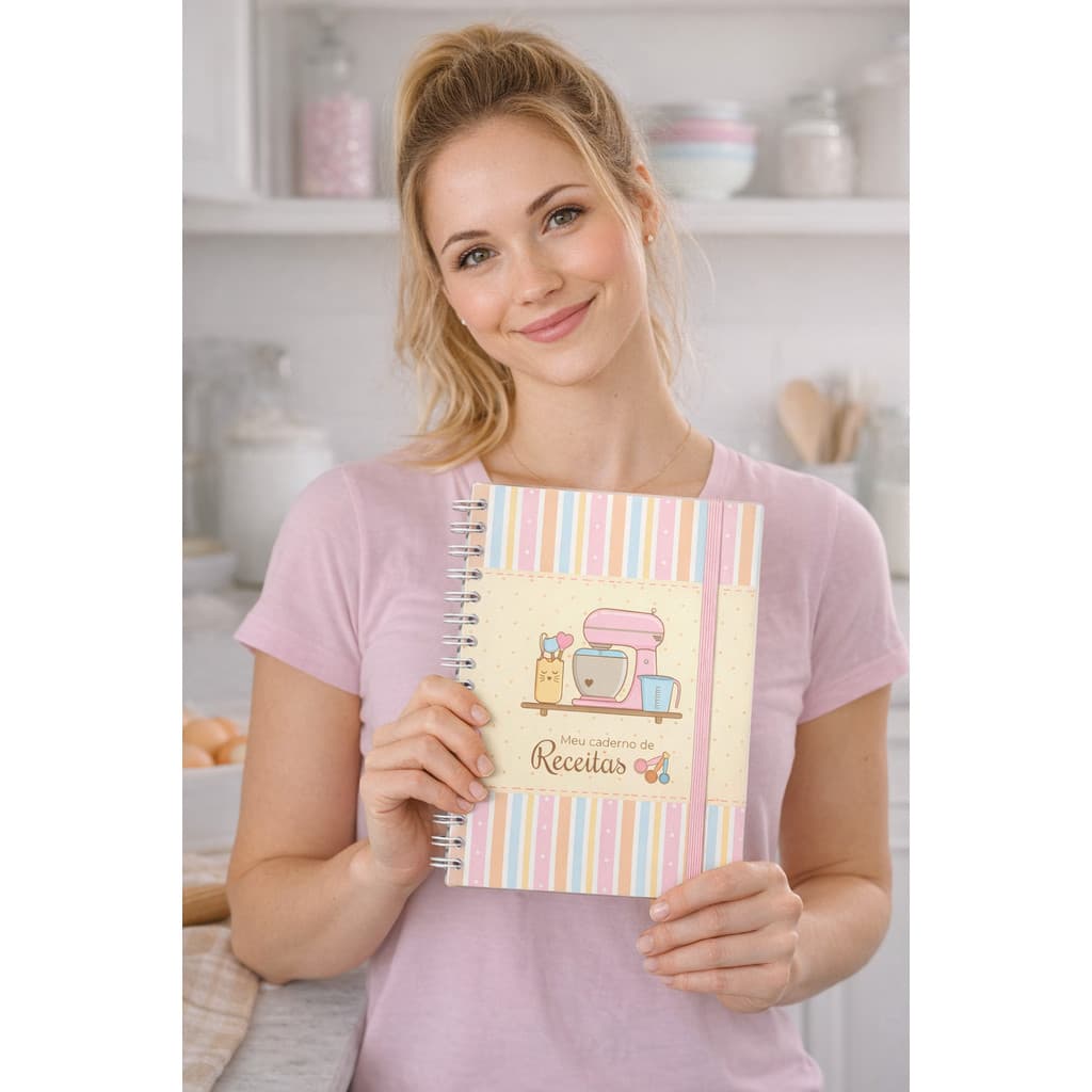 Caderno de Receitas A5 Capa Dura 100 Páginas com Elástico Decorado Confeitaria Cozinha