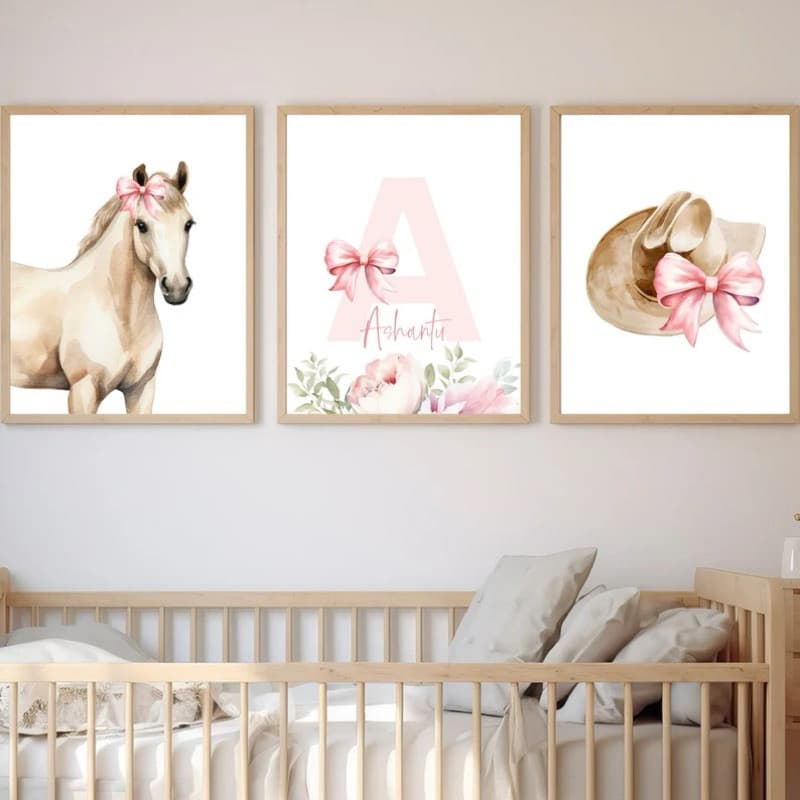 Quadro decorativo 3 peças cavalo chapéu * Nome personalizado * ideal para quarto menina decoração berçário cores vivas