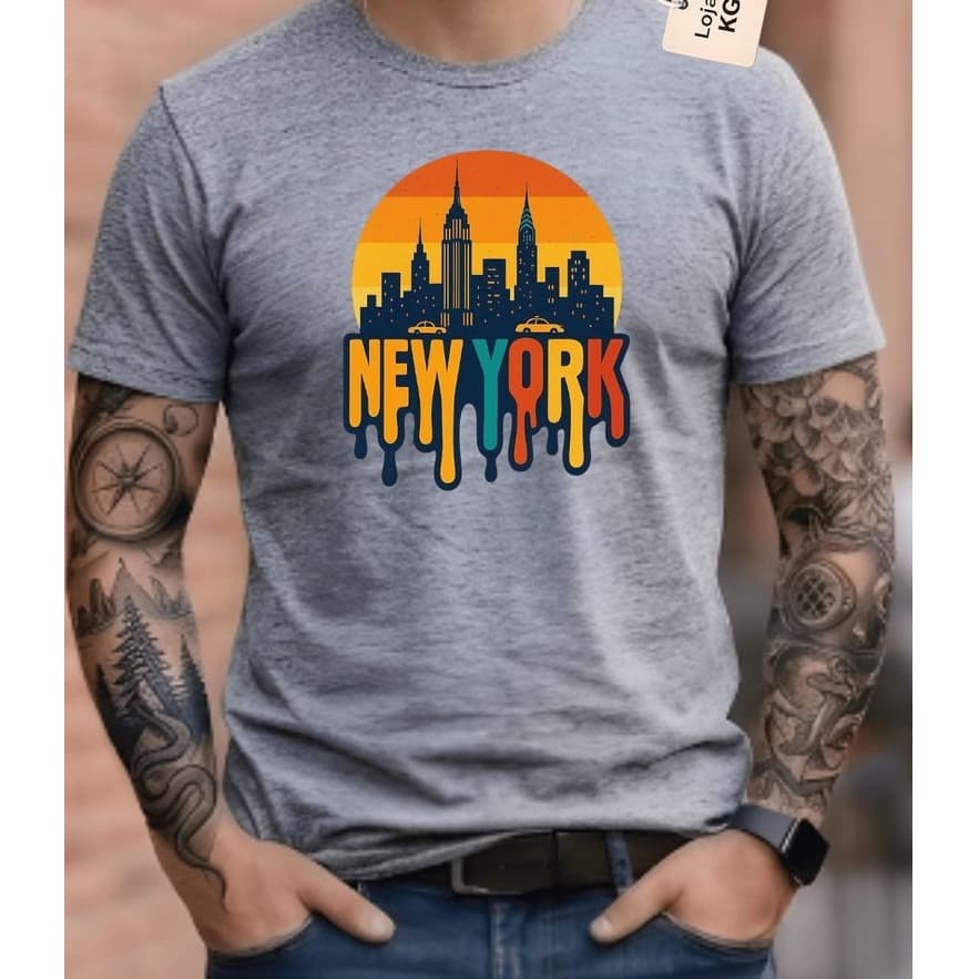 Camiseta Masculina NEW YORK Predios por do sol Algodao Premium