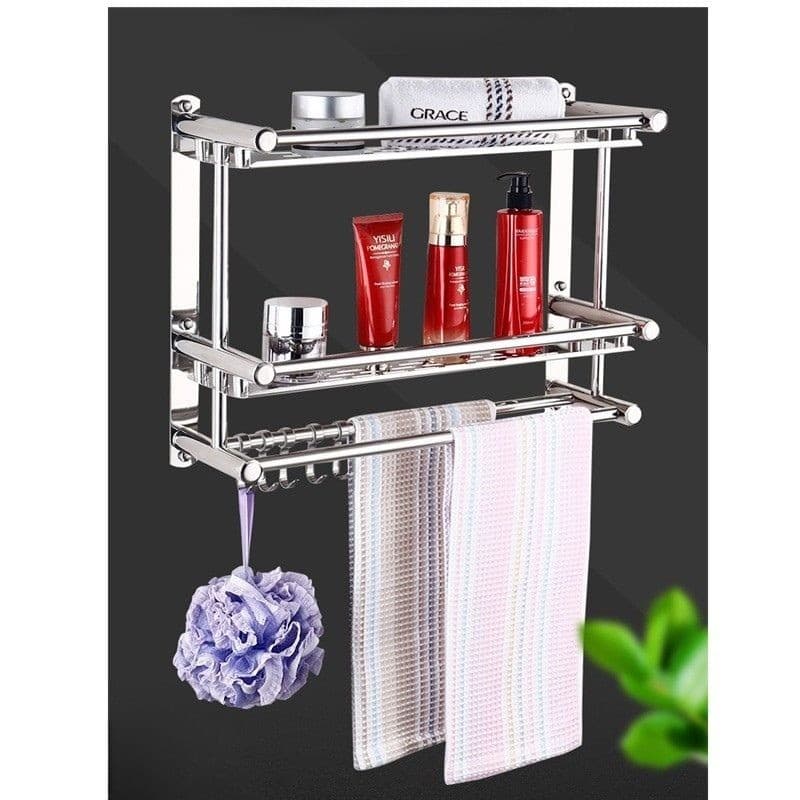 Suporte Shampoo Box Banheiro Inox 2 Andares de Parede Com Suporte Toalha