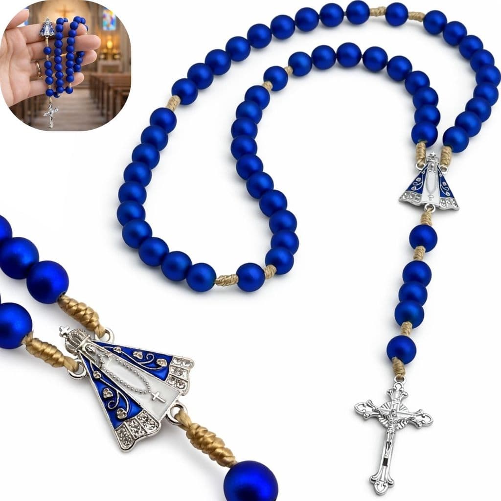 Terço Nossa Senhora Azul 10mm Grande Contas Grossas Entremeio e Crucifixo Metal