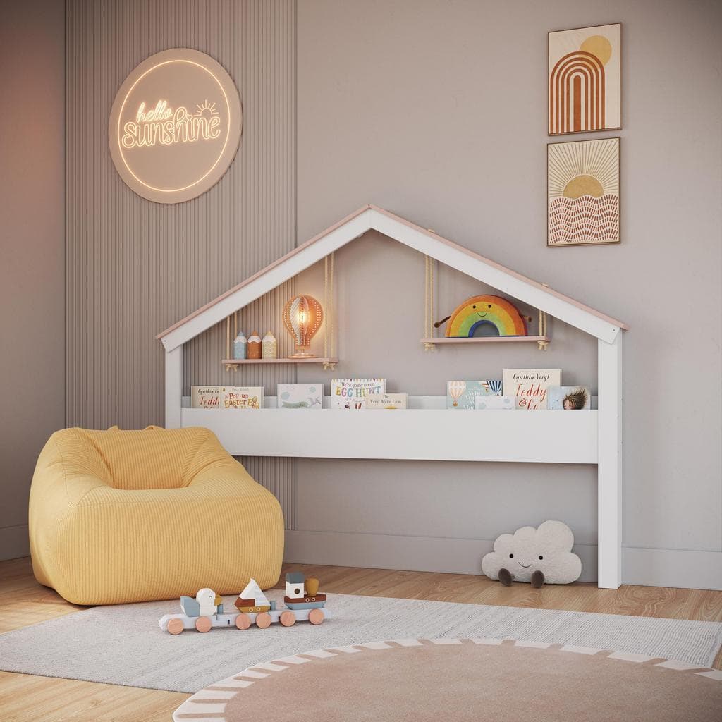 Cabeceira Cama Infantil Estilo Casinha com Livreiro e Prateleira Suspensa por Cordas Quarto Infantil