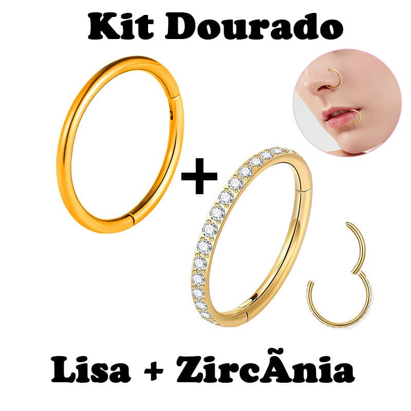 Kit 2 Piercing Dourado Argola Click ( Lisa + Zircônia ) de Aco inox , Piercing corporal unissex