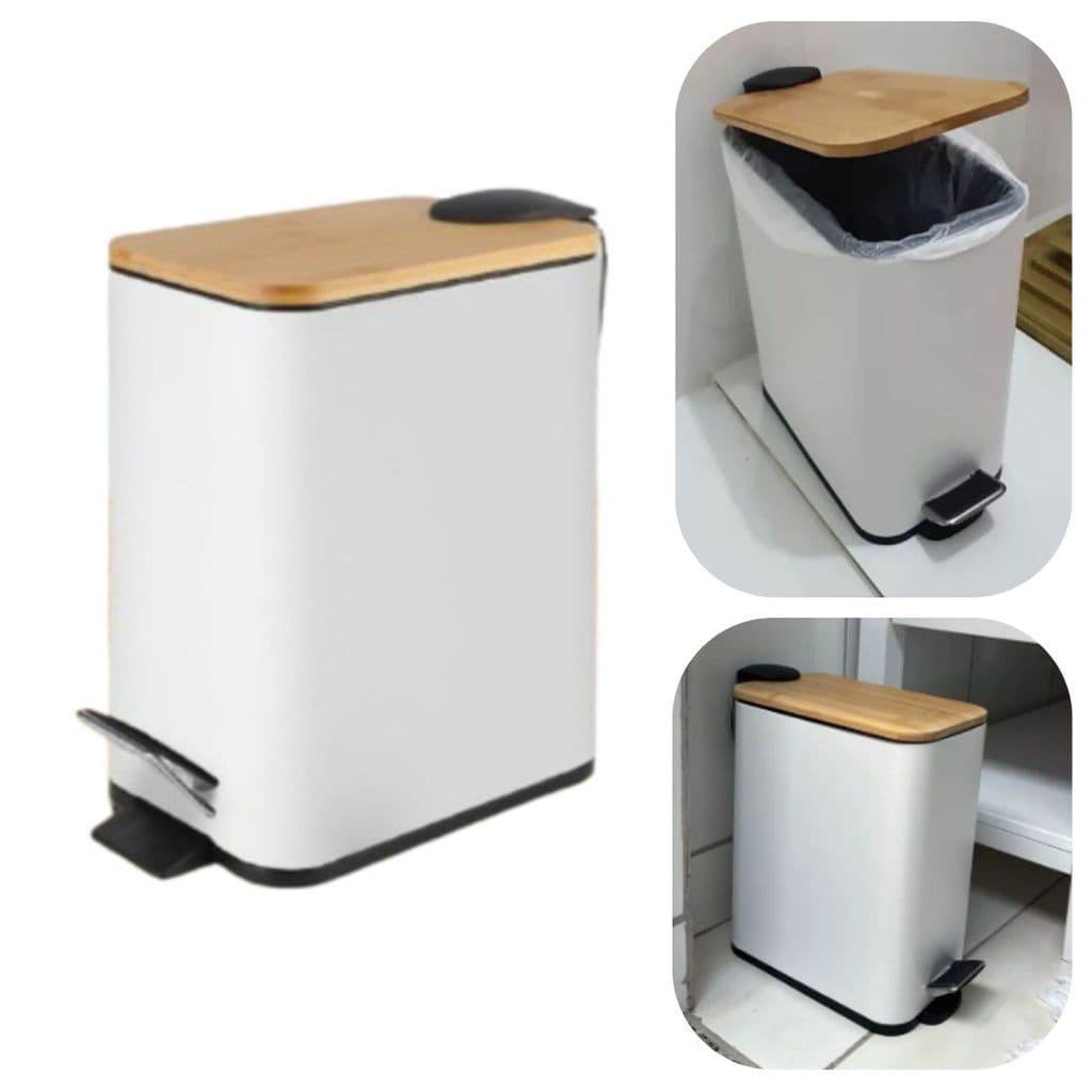 Lixeira 5 Litros Retangular em Aço Inox e Tampa de Bambu Luxo Ideal para Cozinha e Banheiro Branco