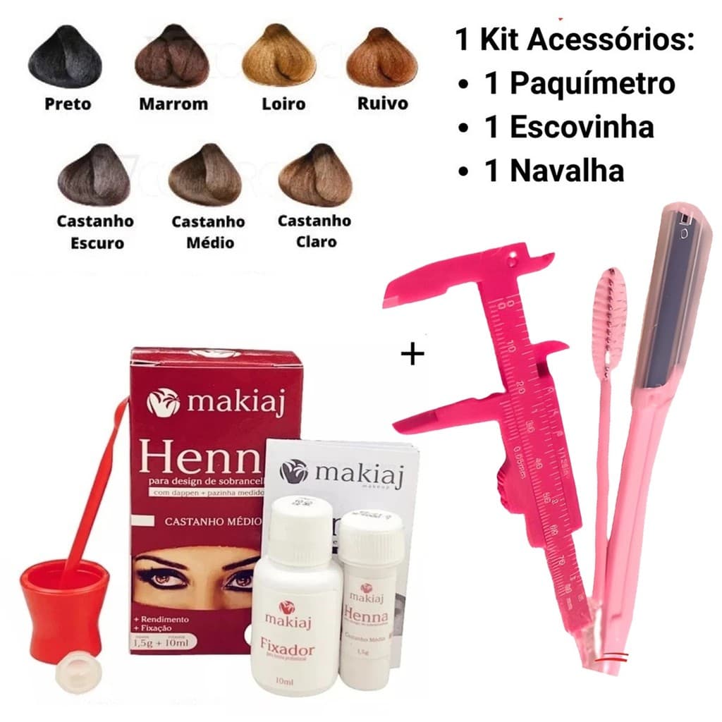 Kit Sobrancelhas Henna em Pó 1,5g + Fixador 10ml + Acessórios + Paquímetro + Escovinha + Navalha (Combo)