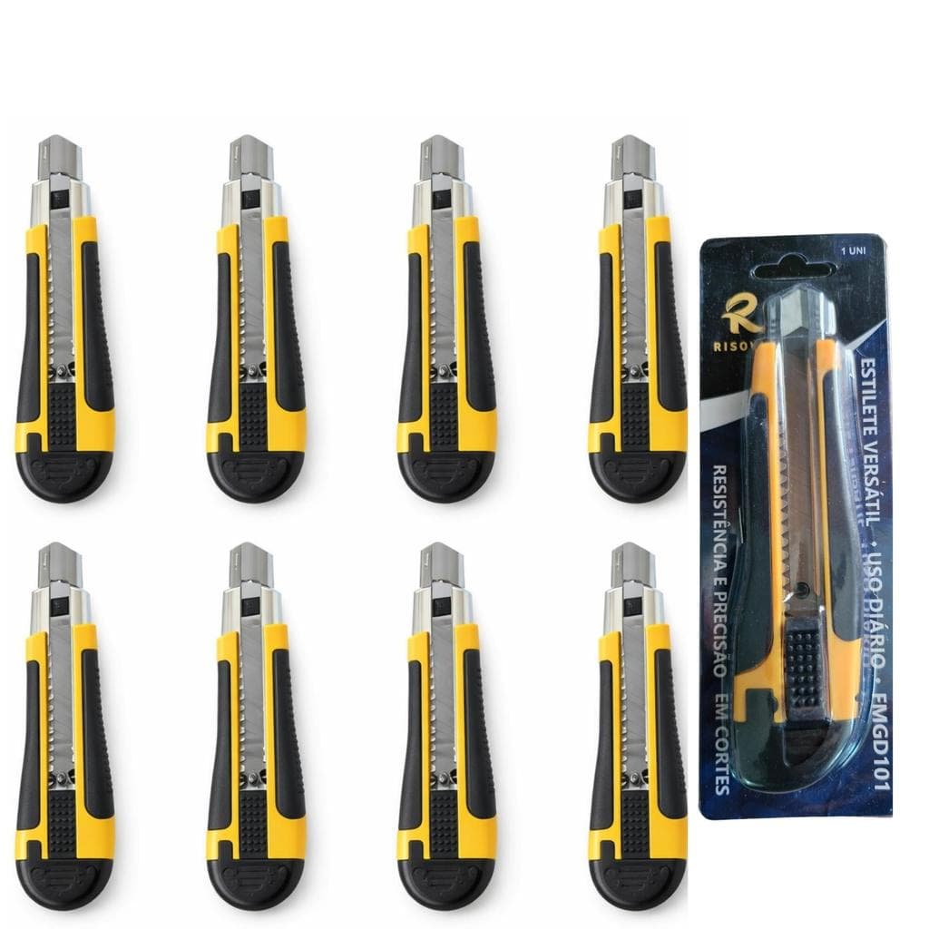 Kit e Conjunto de Estilete Profissional com 9 Unidades Lamina Larga 18mm Cabo ergonômico com revestimento emborrachado