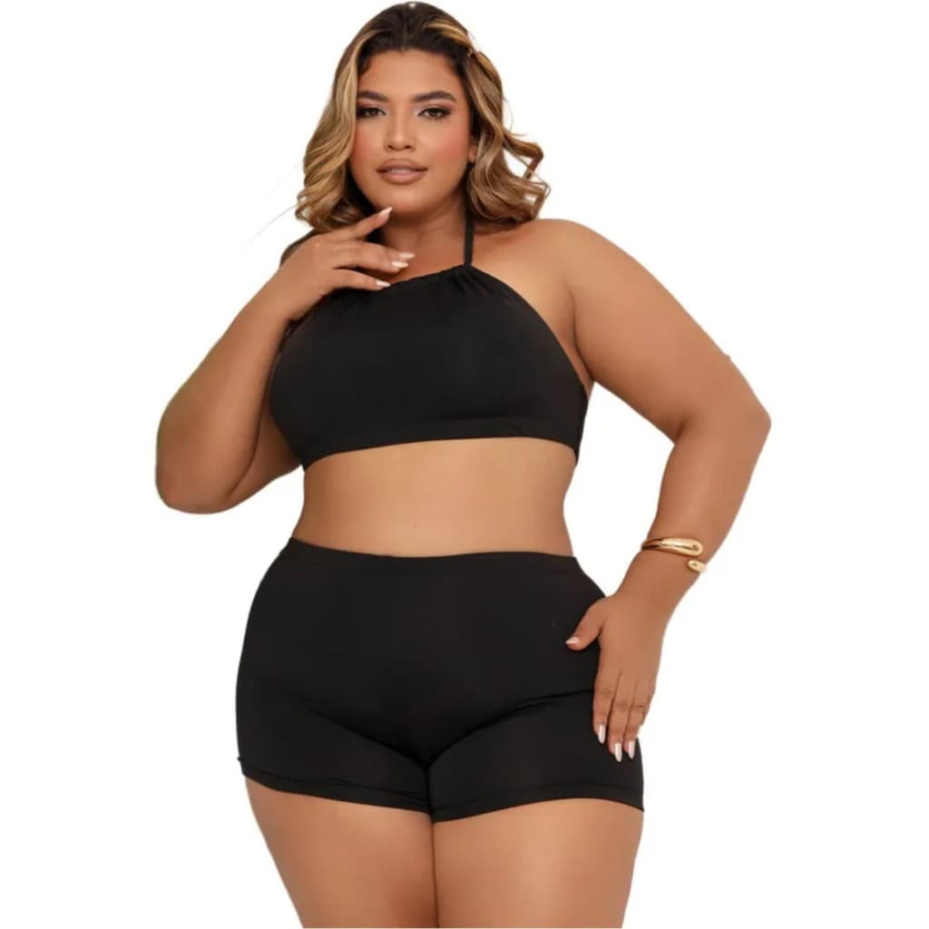 Biquini Plus Size Feminino Forrado Com Bojo Top + Shortinho Alta Sustentaçao Confortavel Poliamida