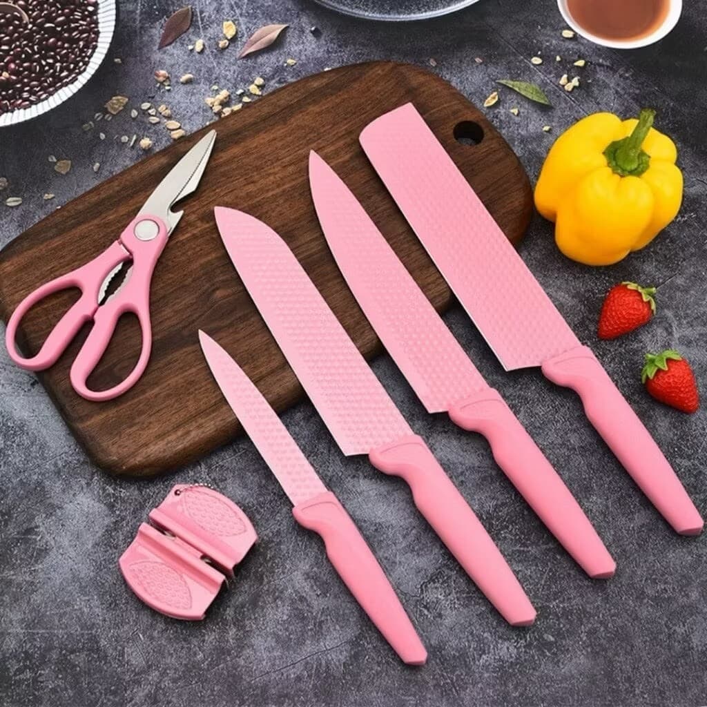 Conjunto de Facas Chef Rosa/Azul 6 Peças Inox - Inclui Tesoura e Amolador