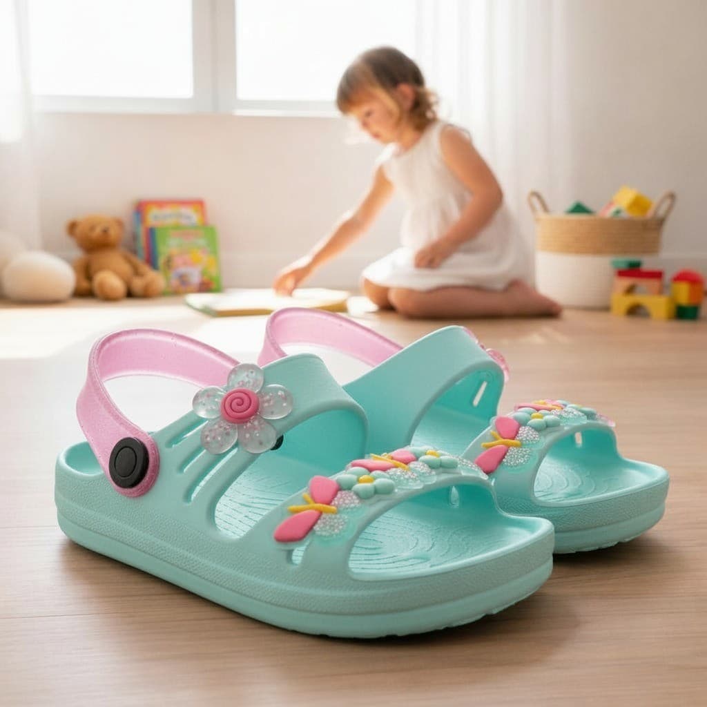 Sandalia Papete Infantil Menina Borboletas Florzinhas Coloridas Leve Macia Confortável Dia Dia