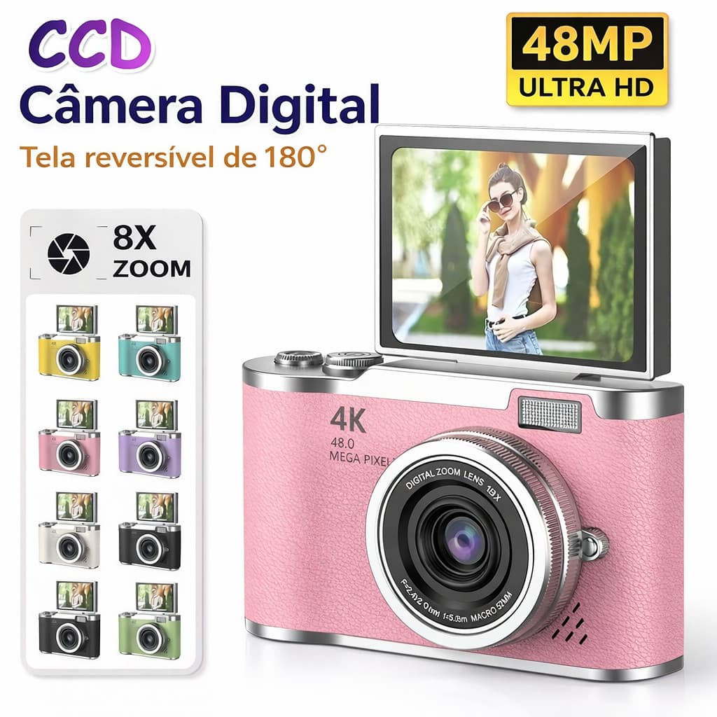 câmera digital com zoom 4k ccd 8x, adequada para fotografia estudantil,  tela flip selfie de 180°  FUSHANG