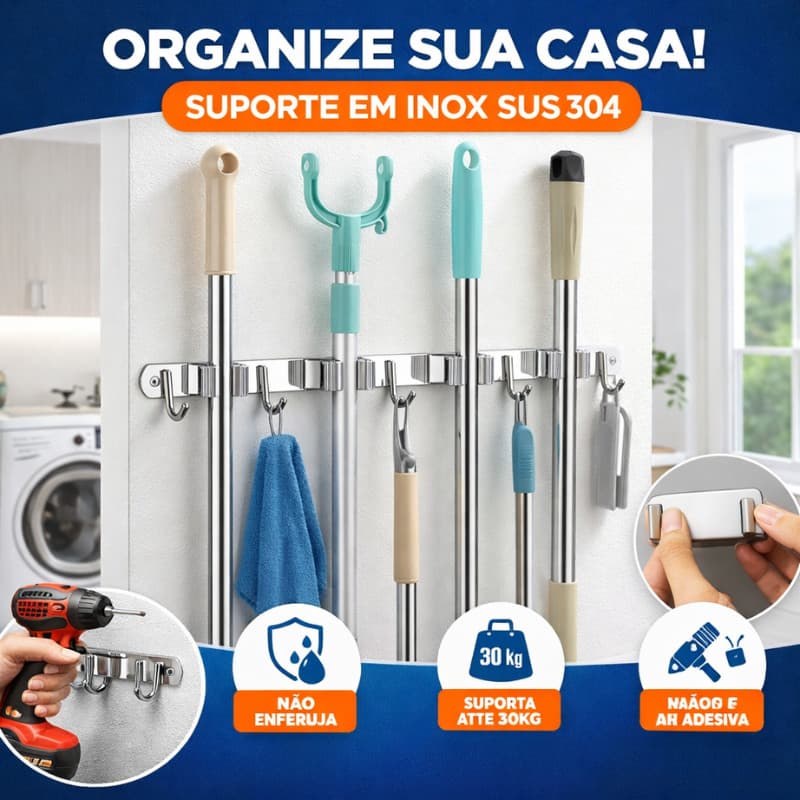 Porta Vassoura Inox Parede 9 Acessórios Suporte Organizador com 5 Ganchos e 4 Clipes