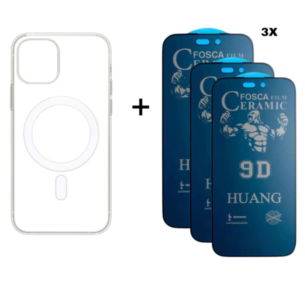 Kit MagSafe + 3 Cerâmicas Fosca Privacidade Proteção Tela Compatível iPhone 11 12 13 14 15 16 Pro Max