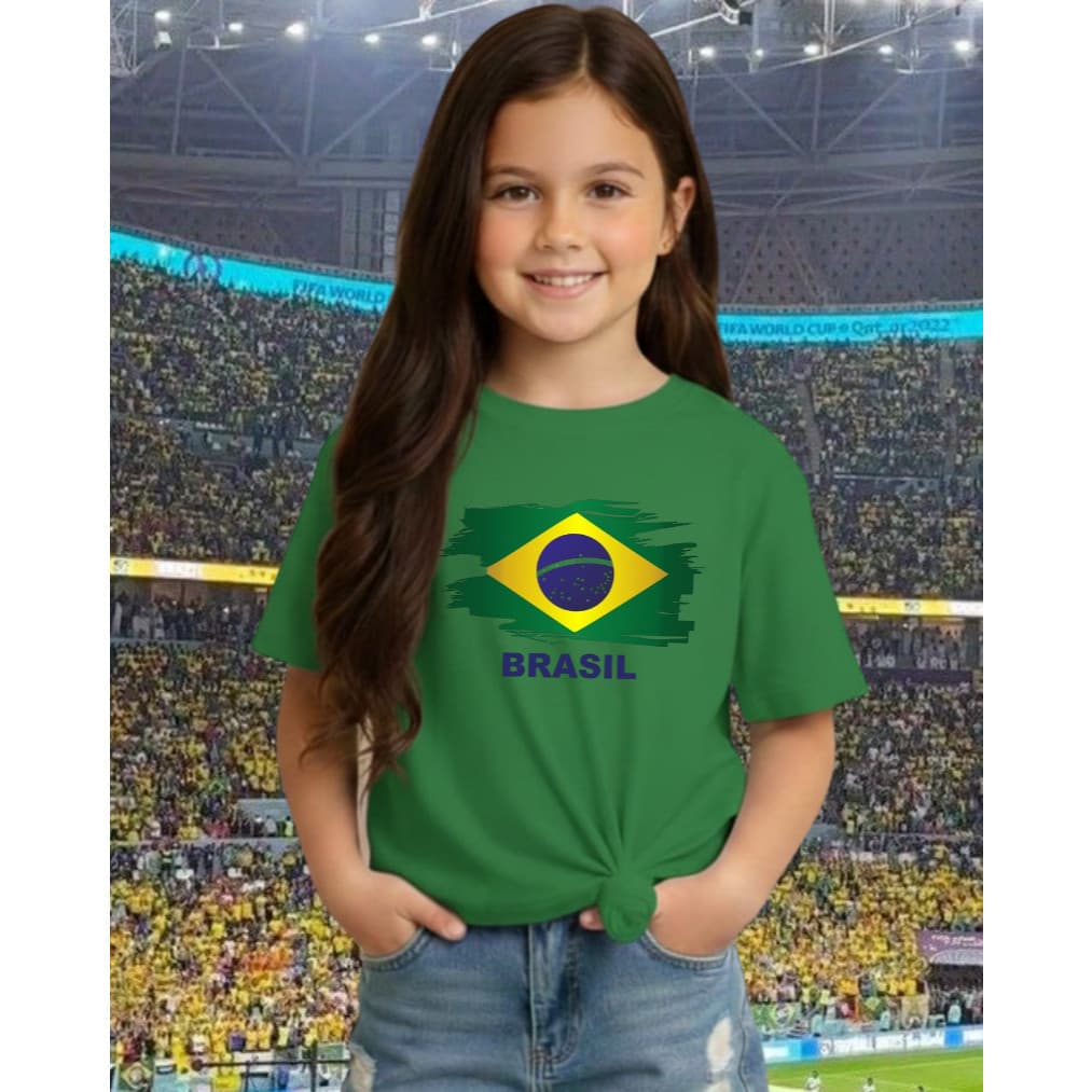 Blusa Infantil Menina Brasil HEXA em algodão Seleção Brasileira Copa Mundo 2 ao 14
