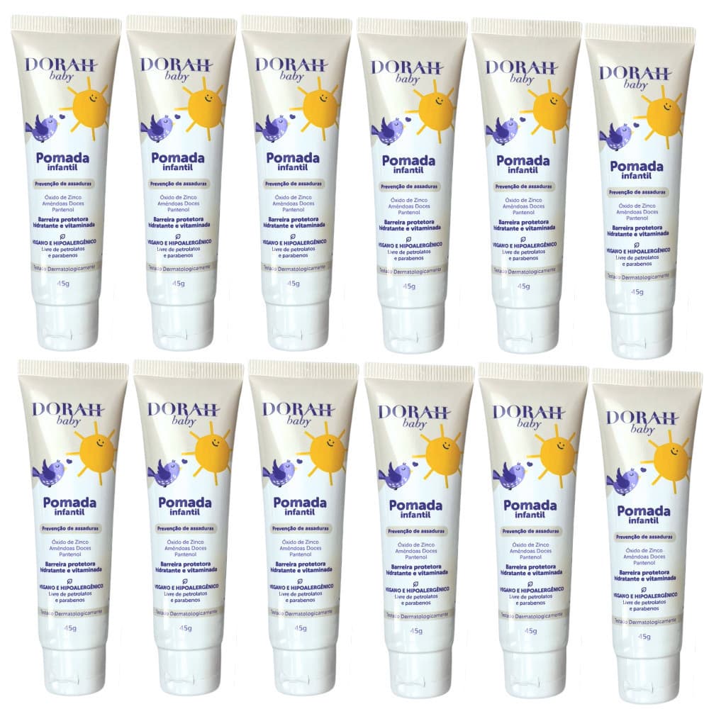 Kit 12x Dorah Baby Pomada para Assaduras 45g – Fórmula com Óxido de Zinco e Pantenol - Textura fácil de espalhar