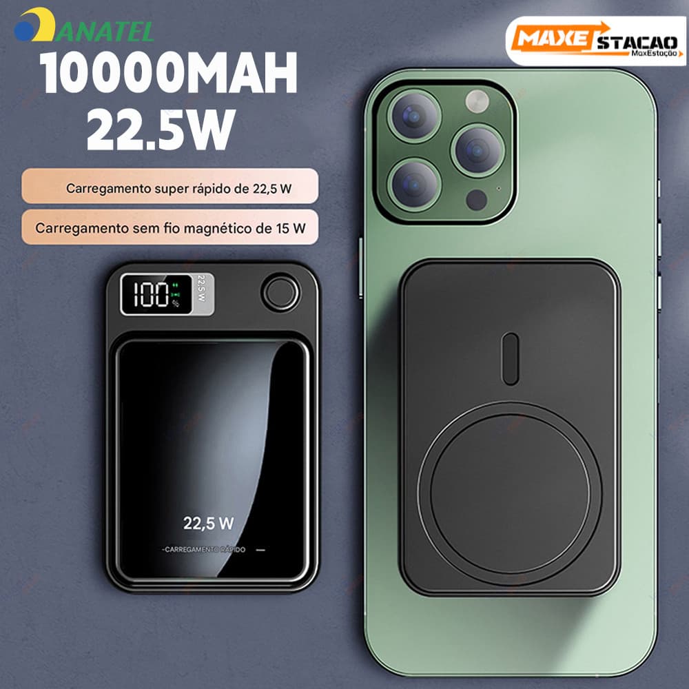 Power Bank MagSafe 10000 mAh com Tela - Carregador Sem Fio por Indução para Celular Android e iPhone