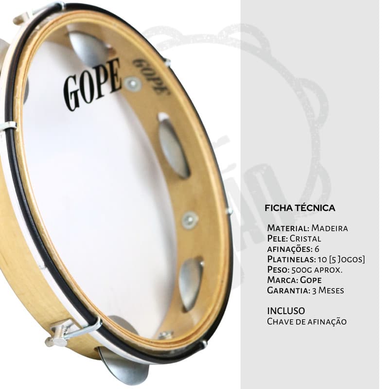 Pandeiro Gope Original 10" Madeira Pele Cristal Iniciante Estudo Samba Pagode
