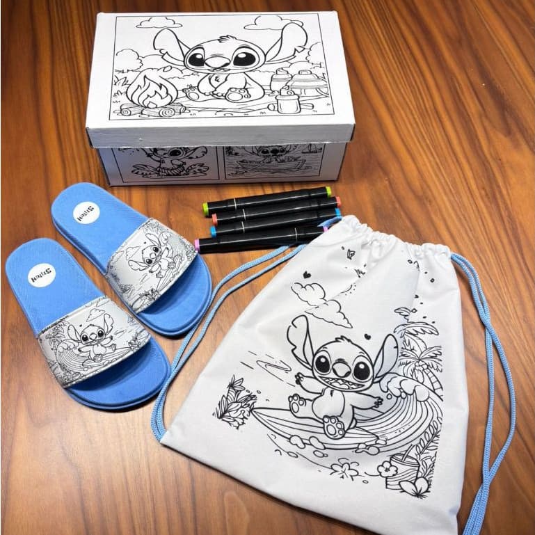 KIT SLIDE CHINELO COLORIR LILO STITCH + BOLSA + CAIXA PERSONALIZADA PARA PINTAR #LANÇAMENTO