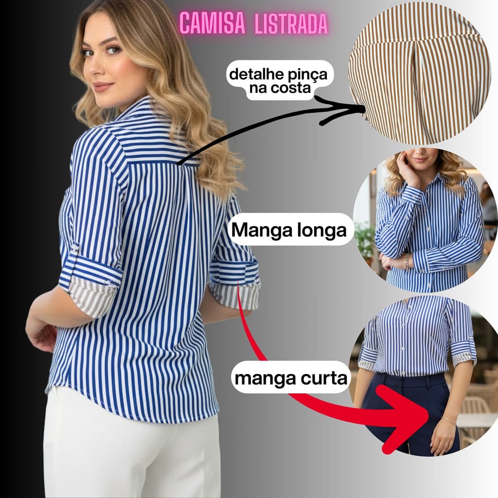 Camisa Listrada Feminina Crepinho Blogueira Plus Size PP ao G3 Social Elegante Envio Hoje