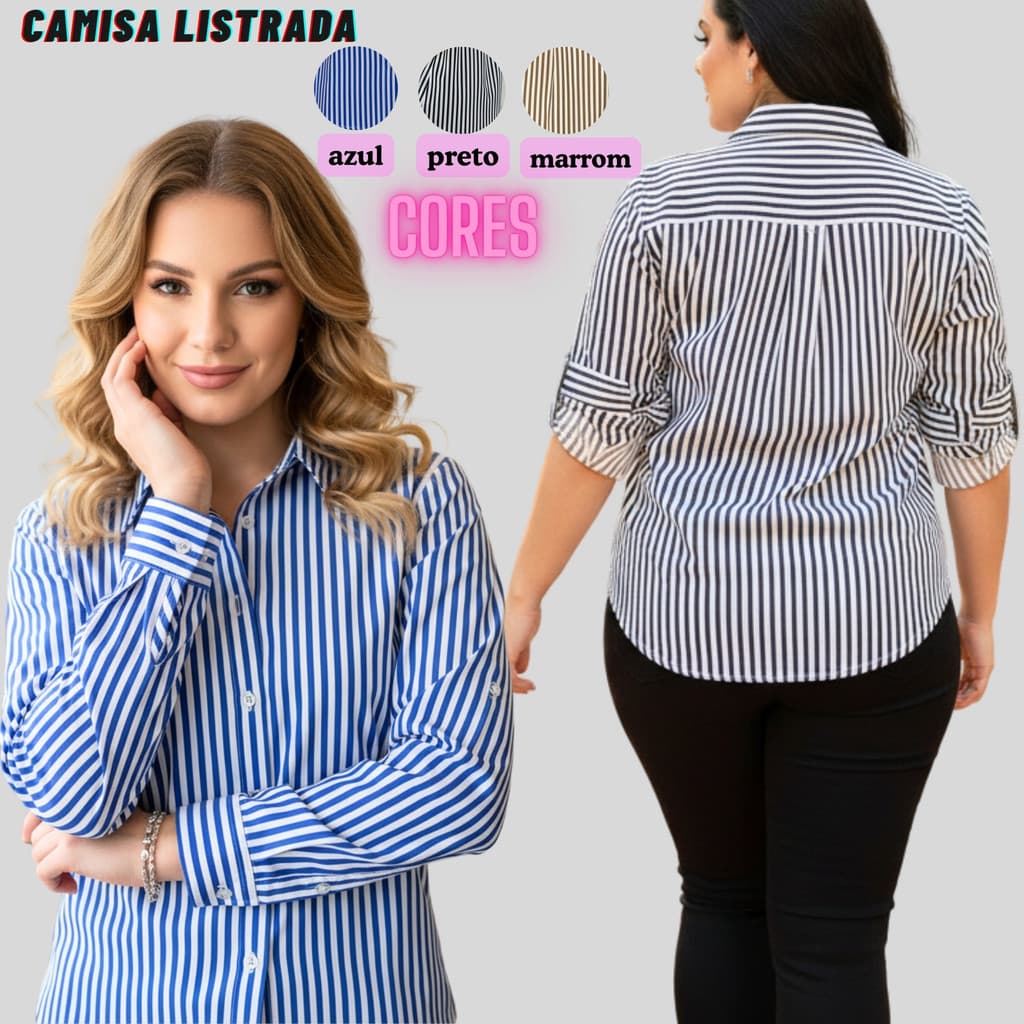 Camisa Social Listrada Feminina Crepinho Plus Size Do PP ao G3 Moda Feminina Envio Rápido