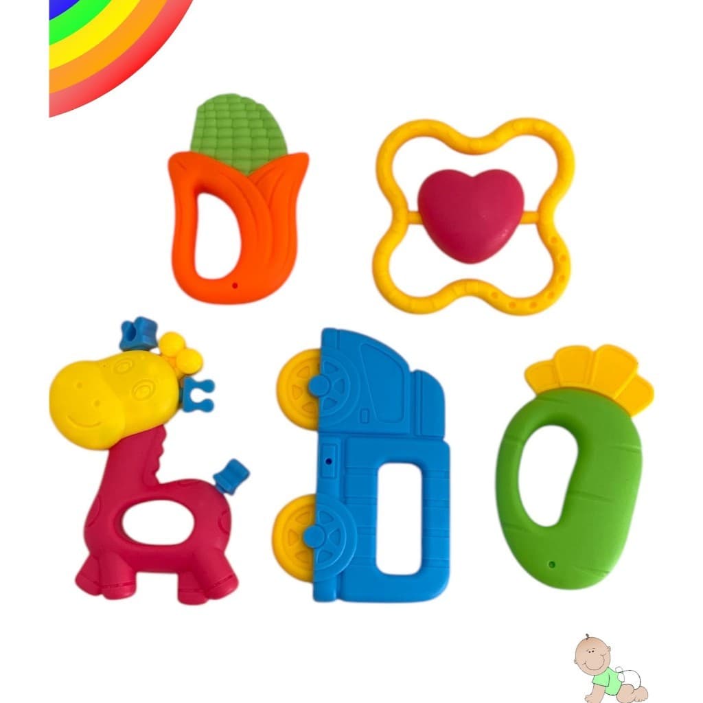 Brinquedo Educacional Infantil Kit 5 Peças Chocalho e Mordedor