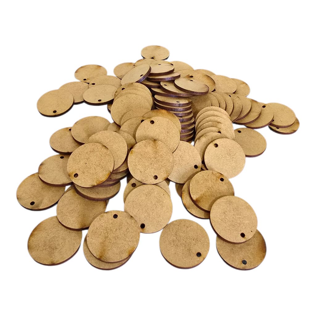100 Mini Discos MDF Cru 3,4cm Redondo Com Furo Para Chaveiro e Artesanato