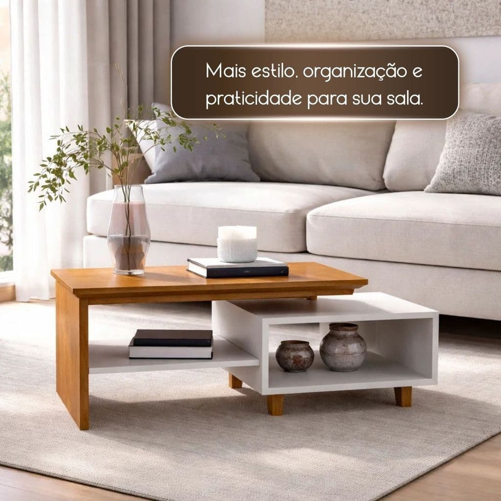 Mesa Centro Sala Moderna Tampo Duplo Estrutura MDP Pés Madeira Maciça Decorativa