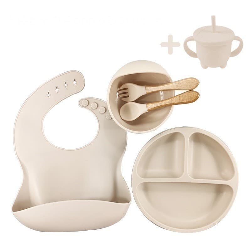 Kit Alimentação Infantil Silicone 6 Peças Prato Tigela Copo Talheres Babador