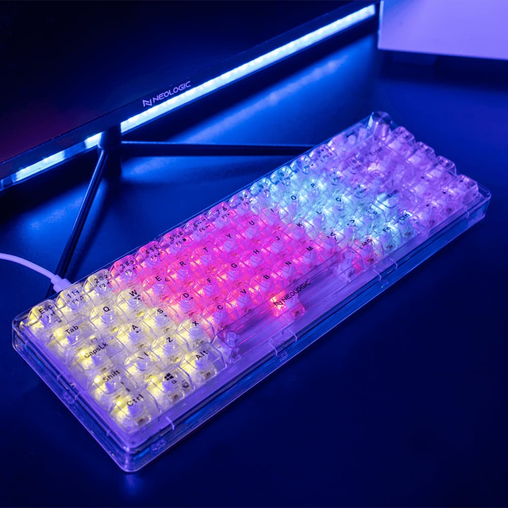 Teclado Gamer Mecânico Neologic Crystal Edge, 65%, Transparente, Rainbow, Switch Branco, Cabo Tipo C