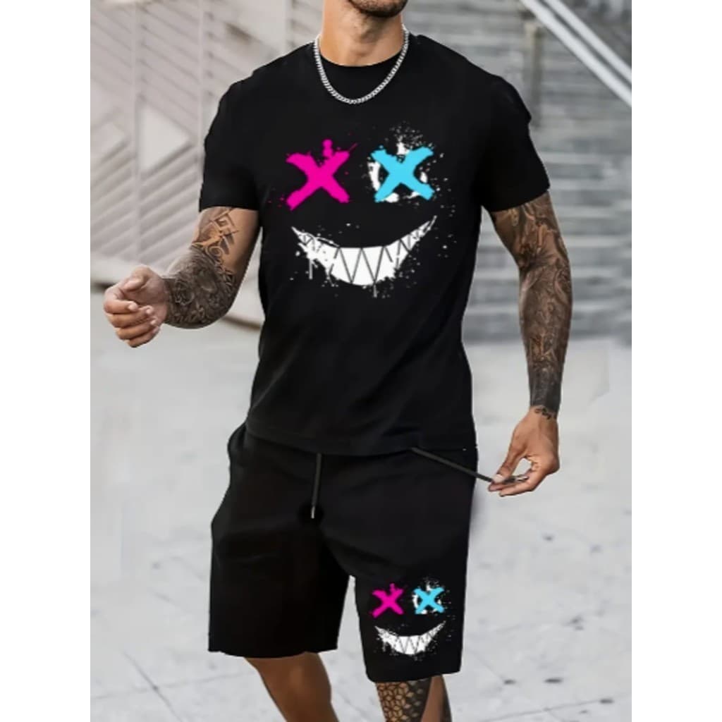 Camiseta Masculina short Smile Streetwear T-shirt Kit Shorts Camisa Style