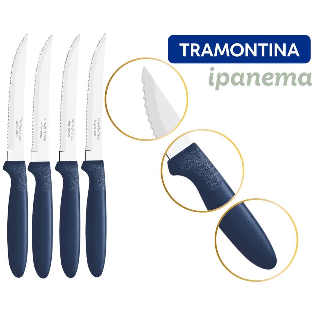 Kit Faca de Mesa Churrasco 4 Peças Tramontina Ipanema Inox Cabo Azul